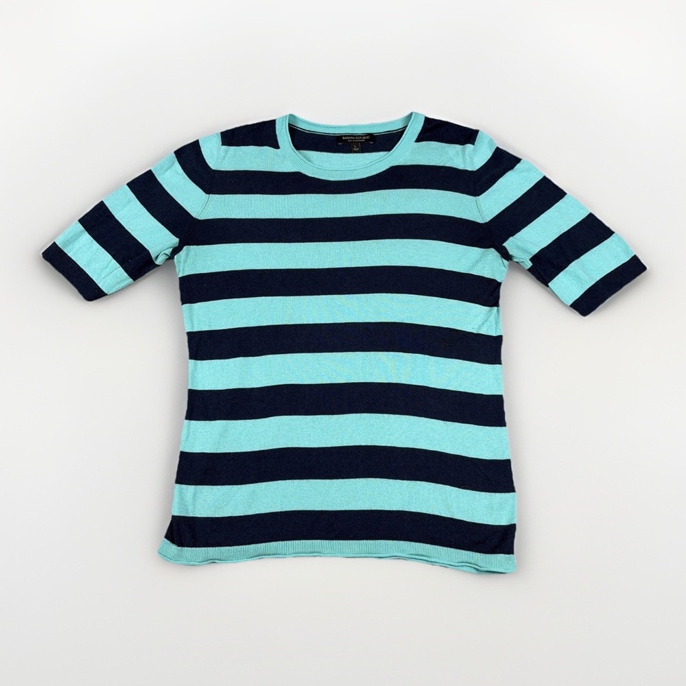 Banana Republic Silk Cashmere Sweater Womens Large Blue Striped Short Sleeve